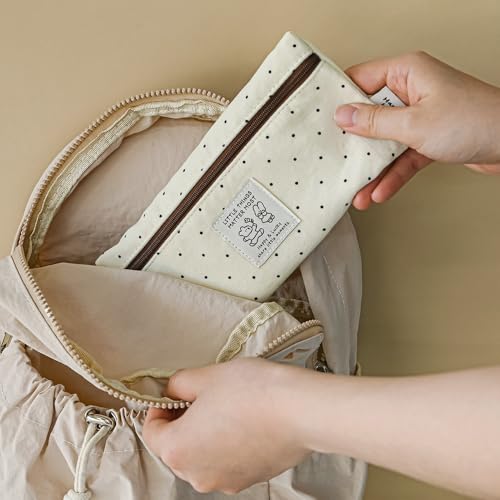 Image of Monolike Happy and Lucky Candy Dot pen case, Ivory - Slim Corduroy Style Cotton Pen Pouch, Cute Aesthetic Pastel Stationery Organizer for Office