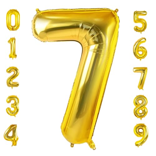 Number 7 Balloons for 7th Birthday Party Decorations, 0-100 Large No.7 Balloons for Girls Boys and Daughter Son, 40 Inch Gold Foil Helium Balloons for 7 Year Old Anniversary Decorations