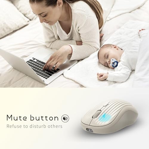 Image of ONE-UP Wireless Mouse, 2.4G + Bluetooth, Rechargeable Battery, 4-Key, DPI: 800 /1200 /1600, Silent, Type-C, USB Nano Receiver, Ergonomic, Portable, for Laptop, Chromebook, PC, Mac, Windows (Beige)