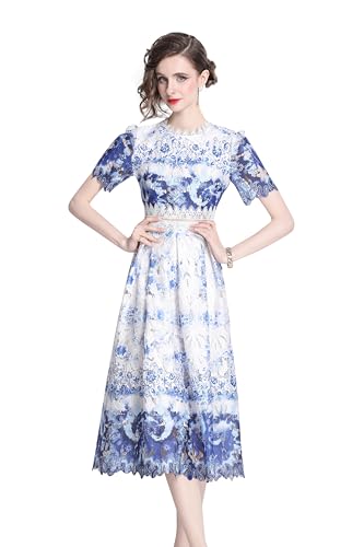 Image of LAI MENG FIVE CATS Women's Lace Floral Short Sleeve Crochet Waist Cocktail Midi Dress