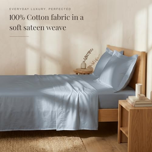 Image of HUESLAND Premium 300 TC Pure Cotton Sateen Weave Queen Bed Bedsheet with 2 Pillow Covers Included | Greyish Blue | 88 x 100 inches