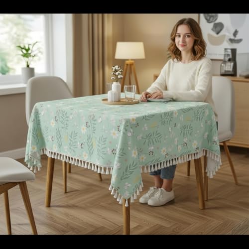 Image of RRC Microfiber Cotton Table Cloth Pack of 2 for 4 Seater Dining Table, 45 x 60 Inch Rectangular Printed Table Cover with Tassels, Washable, Durable & Fade Resistant