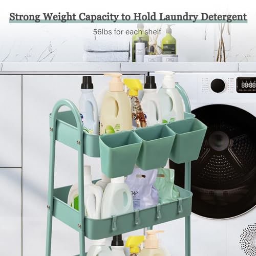 danpinera 3-Tier Metal Cart with 3-Tier Rolling Utility Cart with Lockable Wheels & Hanging Cups & Hooks Storage Organization Shelves for Kitchen, Bathroom, Office, Library, Coffee Bar - Thumbnail 3