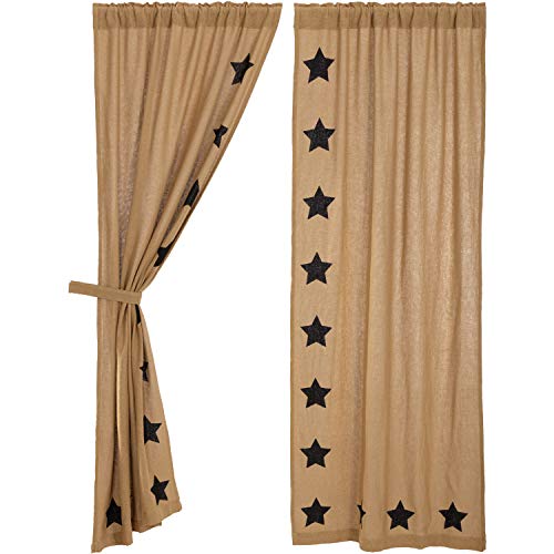 VHC Brands Burlap Natural with Black Stars Primitive 84"x40" Panel Pair Tan Rod Pocket Stenciled Cotton Tie Back(s) Window Curtains