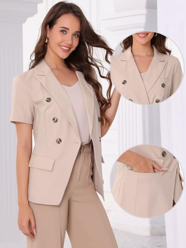 Allegra K Linen Blazer for Women's Double Breasted Work Office Short Sleeve Lapel Blazer2