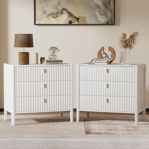 Image of Furniway Nightstand Set of 2, Modern End Table with Solid Wood Legs, Bedside Table with 3 Drawers and Metal Handles for Bedroom, White