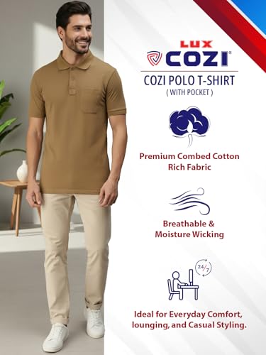 Image of Lux Cozi Men's Polo T-Shirt Regular Fit Half Sleeves with Pocket | Cotton Blend Polo Neck Collar T-Shirt for Men | Casual, Office Comfortable Breathable T-Shirt | Stylish Plain Tee