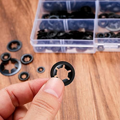 340 Pcs Starlock Washers, Internal Tooth Push On Locking Washers, Quick Speed Clips Fasteners Washers, Black Fixed Lock Washers Assortment Washers Kit - M3/M4/M5/M6/M8/M10/M12