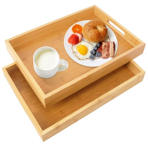 Geytetqi 2 Pack Large Bamboo Serving Tray with Handles, 14 x 10 inch Wooden Dinner Tray, Home Kitchen Breakfast Trays for Living Room Bedroom Kitchen Dinner Table, Picnic