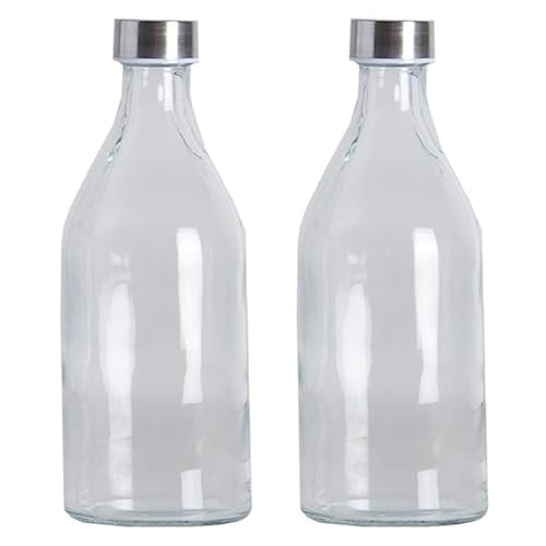 Tradineur - Pack de 2 Botellas de Vidrio de 1 litro, tapón de Acero, Agua fría o Caliente, Bebidas, té Helado, Limonada, frigorífico, Camping - 25,5 x 9,5 cm