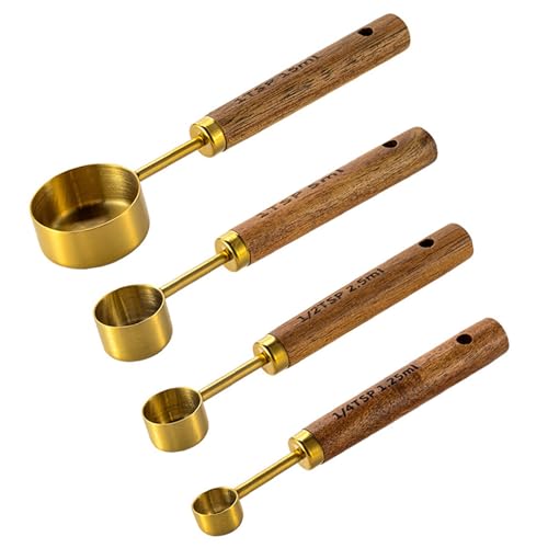 Hwtcjx Ensembles de Cuillères Doseuses, 4 Pièces inoxydable Cuillères à Mesurer, Cuillere Mesure Cuillere Doseur Café avec manche en bois pour la cuisson (Or)