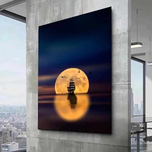 Affiche de paysage de pleine lune et bateau sur toile déco 40x60cm