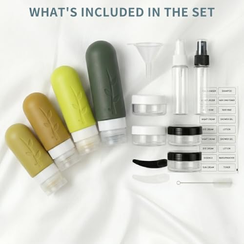 Image of DEPOZA Travel Bottles Kit (16 Pack) - TSA Approved, Leak Proof Silicone Squeezable Containers for Toiletries. Complete Set with Jars, Sprayers & Bag (M-Green)