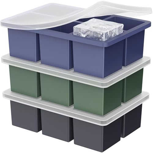 Image of Large Ice Cube Tray for Whiskey: Silicone Ice Cube Trays with Lid - 2Pack Big Square Old Fashioned Ice Cube Maker for Cocktail - 2inch Huge Cubed Ice Trays (Black+Green+Blue(3pack)(6 Grid))