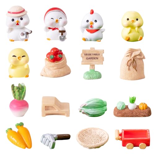 Voyyphixa ミニ置物 ミニチュア 鶏の菜園 16種類セット フィギュア 可愛い DIY 卓上 装飾 贈り物 風景置物 盆栽飾り 雑貨 おもしろ 新年 誕生日 プレゼント 家庭菜園アクセサリー マイクロ風景装飾 (鶏) [並行輸入品]