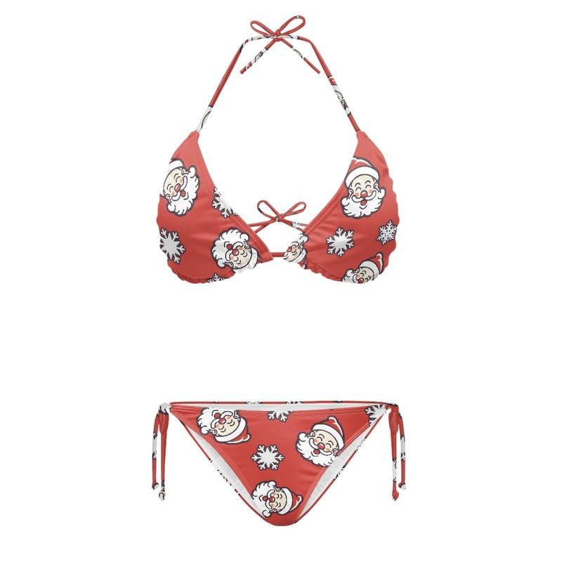 Irisjudy Womens 2 Piece Christmas Holiday Swimsuit Xmas Santa Claus Bikini Set Costume, Low Rise Red String Swimwear High Cut Bathing Suit
