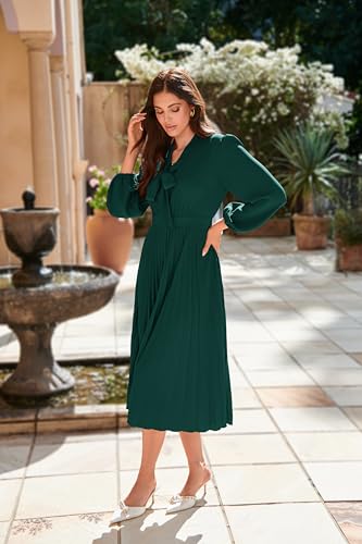 GRACE KARIN Womens 2025 Fall Long Sleeve Dress Casual V Neck Pleated A Line Flowy Midi Dresses4