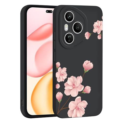 ILING Liquid Silicone Case for HONOR 400 Pro 5G Ultra Thin Elegant Flower and Cute Cartoon Pattern Design Soft Gel Rubber Frosted TPU Bumper Shockproof Cover (Black Q07)