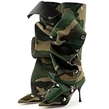 KaroNairy Knee High Boots for Women Pointed Toe Stiletto High Heel Boots Detachable Snap-off Panel Shark Boots Camouflage8.5