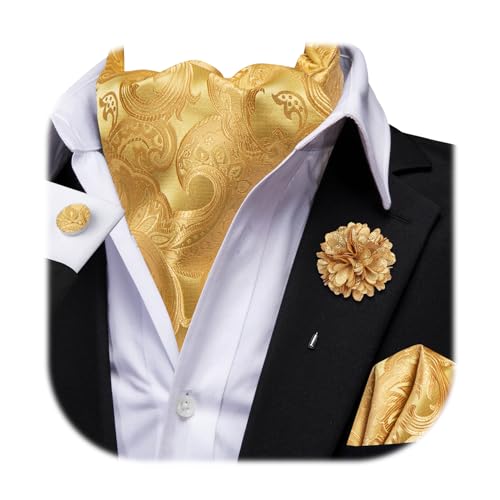 Image of Hi-Tie Silk Ascot for Men Self Tie Men's Cravat and Flower Lapel Pin Handkerchief Cufflinks Set for Wedding Party