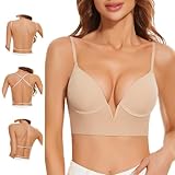 Uoolerp Women's Low Back Invisible Backless Bra - Seamless Secret Plunge No Show Multiway Low-Cut Deep-V Halter (Nude, Medium)