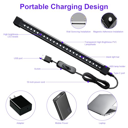 Image of Rechargeable Black Light Bar 5W 1FT，Battery Powered LED Black Light for Glow Party Body Paint UV Strip Lights for Halloween Decorations,Cabinet,Display Magnetic 4 Pack