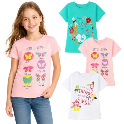 Image of HILEELANG Girl Short Sleeve Tee Shirts Cotton Casual Summer Graphic Tops T-Shirts Multipack
