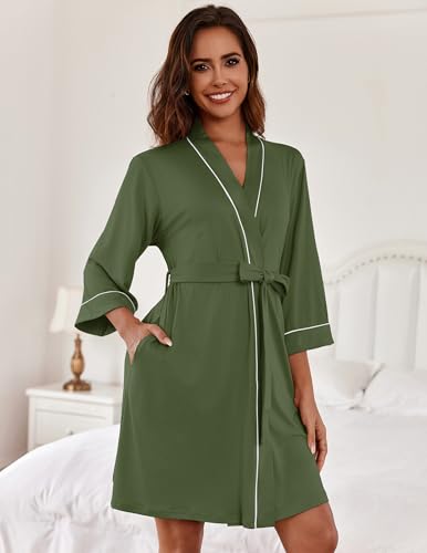 Image of Ekouaer Women Kimono Robes Knee Length Knit Bathrobe Lightweight Soft Sleepwear V-neck Casual Ladies Loungewear