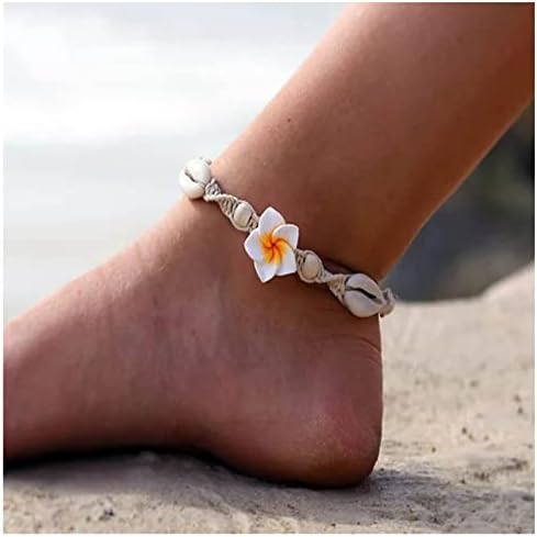 Iaceble Boho Natural Shell Anklet Bracelets Flower Ankle Chain Hawaiian Cowrie Shell Braided Anklet Bracelet Beach Woven Rope Foot Chain Jewelry for Women and Girls