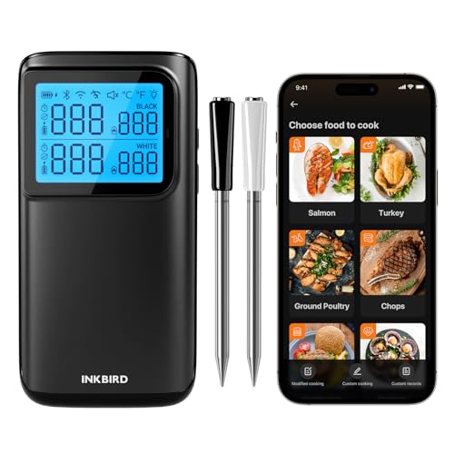 INKBIRD Wireless Meat Thermometer, 5G WiFi and 5.4 Bluetooth Meat Thermometer Digital Wireless for Grilling and Smoking, 5 Sensors, IP67 Dual Probes and Backlight LCD Display for BBQ Smoker Oven Grill