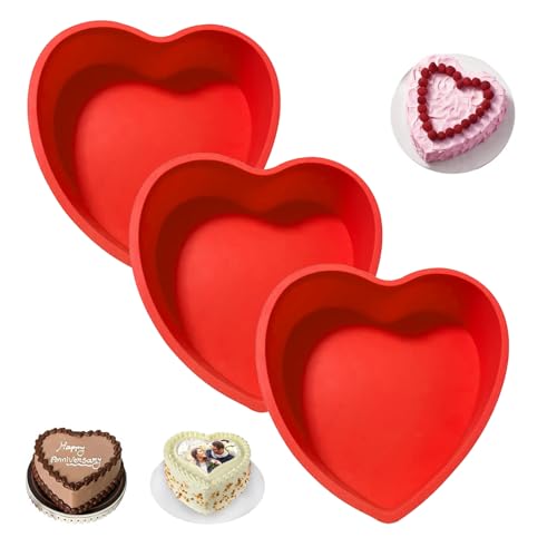 Palmcee 3 PCS Heart Cake Tin, 8inch Non-Stick Silicone Love Cake Tin Easy Release, Red Cake Mould Heart Cake Pan, DIY Baking Tray for Cakes and Cheesecake (Red)