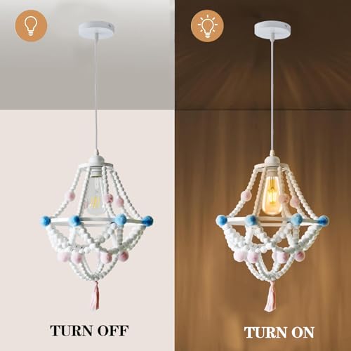 JIAHUA White Pendant Light,Ceiling Light,Twist Wood Chain,White Wood Chandelier with Hanging Coloured Pom Pom and Detailed Tassel-JH62303WH - Image 2