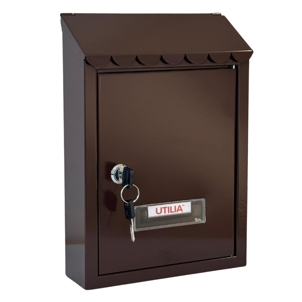 UTILIA Buzón de correos Capri 21 x 6 x 30 cm, porta cartas de chapa pintada con techo, solapa superior trasera, buzón exterior con cerradura de cilindro, 2 llaves (marrón)