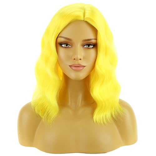 Image of BERON Yellow Wigs for Womens Short Curly Wavy Wig Girls Yellow Colored Side Part Wigs Shoulder Length Heat Resistant Synthetic Cosplay Party or Daily Use Wig