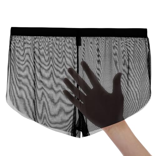 JINSHI Men's Mesh See Through Boxers Sexy Silk Underwear Sheer boxer trunk, Athletic Ultra-thin Split Side Loose Shorts