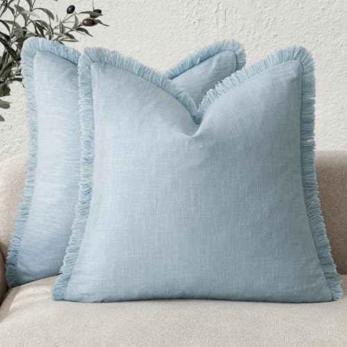 Image of Foindtower Set of 2 Decorative Linen Fringe Throw Pillow Covers Cozy Boho Farmhouse Cushion Cover with Tassels Soft Accent Pillowcase for Couch Sofa Bed Living Room Home Decor,20x20 Inch,Light Blue
