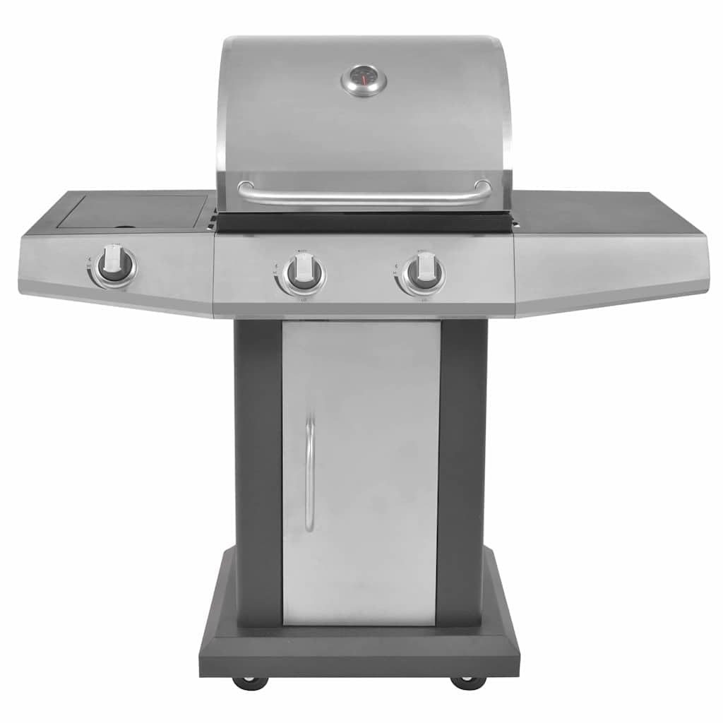 Grill gazowy z palnikiem i 4 kółkami, stal z metalowym wężem, srebrny, kompaktowy do ogrodu, na taras, do grillowania na świeżym powietrzu i efektywne grillowanie mięsa i warzyw
