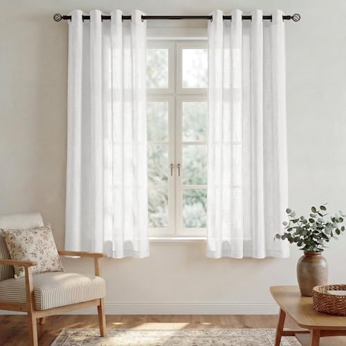 PONY DANCE Visillos Cortos para Ventanas, Cortinas Blancas Translúcidas 2 Piezas con Aspecto de Lino para Cocina/Puertas Pequeñas, 132x137cm(AnxAl)