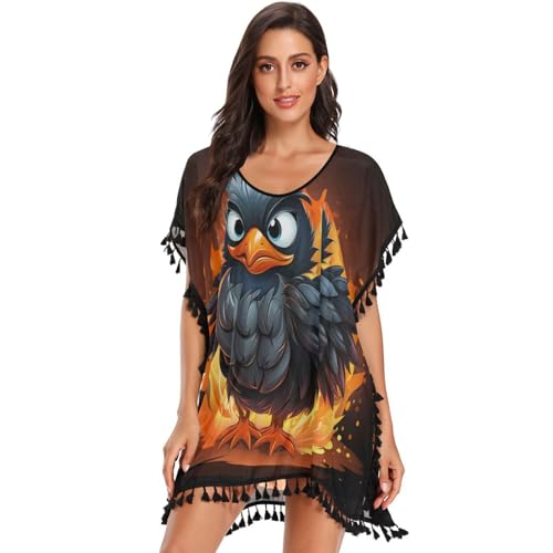 Cool Fire Animal Art Penguin Women's Beach Cover Up Chiffon Tassel Swimwear Swimsuit Coverups for Girl