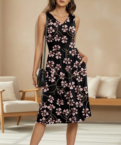 Image of NILOUFO Sleeveless Dress for Women Summer Knee Length Sundress with Pockets | Sundresses for Women Tank Empire Waist Sun Dress Cold Shoulder Casual V Neck Midi Dress Flowy Summer Dresses for Women