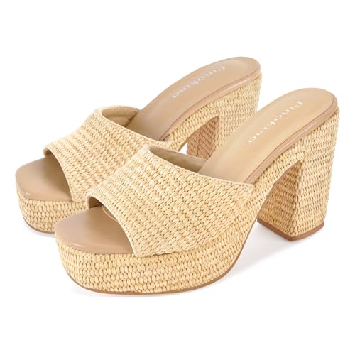 Image of Heeled Platform Sandals for Women 2025 Chunky Espadrille Wedge Summer Beach Sandals Straw Slip On Shoes