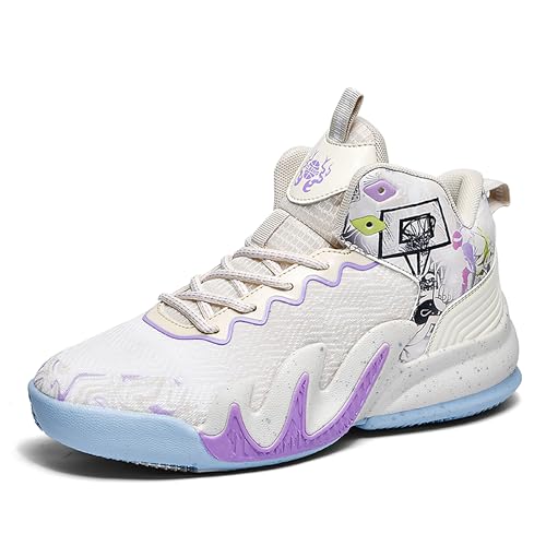 CJSPORX Women Men Basketball Shoes Breathable Men Non Slip Outdoor Fashion Unisex Sneakers, White&purple-3, 7 Women/6 Men