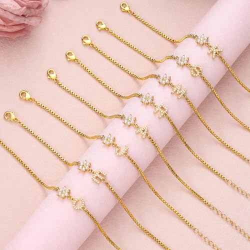 Image of Flower Girl Basket Gift, Flower Girl Proposal Pearl Flowers Initial Bracelet for Teen Bridesmaid Gifts for Wedding Day Adjustable Dainty 14k Gold Plated Letter Bracelet Bridesmaid Bracelets Jewelry