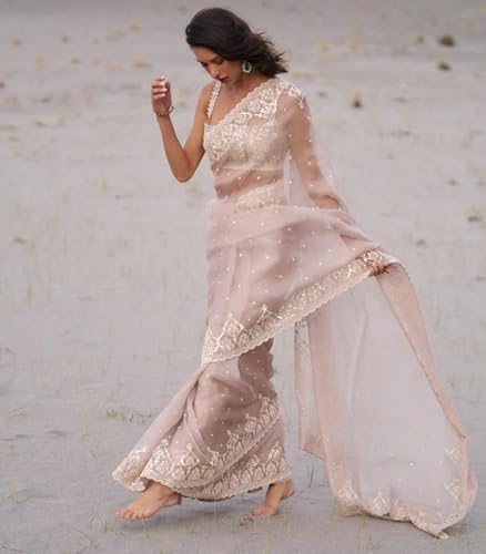 Image of Yashika Women's Organza Satin Butti Work With Zari Lace Border Embroidered Saree| Women Sari