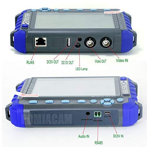 മുകളിലും താഴെയും viewRJ45, DC5V OUT, DC12V OUT, LED L എന്നിവയുൾപ്പെടെ എല്ലാ പോർട്ടുകളും ലേബൽ ചെയ്തിട്ടുള്ള POMIACAM IV8W CCTV ടെസ്റ്റർ മോണിറ്ററിന്റെ samp, വീഡിയോ ഔട്ട്, വീഡിയോ ഇൻ, ഓഡിയോ ഇൻ, RS485, DC5V ഇൻ.
