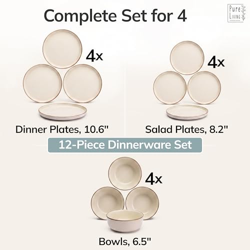 Image of 12 Piece Stoneware Dinnerware Set for 4 - Handmade Reactive Glaze Plates and Bowls Set - Chip & Scratch Resistant Dish Set - Dishwasher Microwave Safe - Rustic Beige