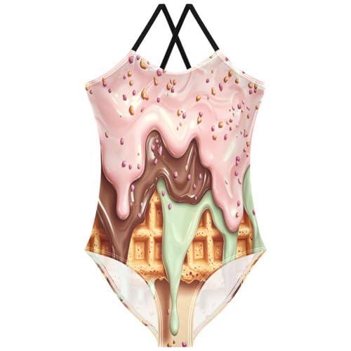 Pigsaly Girls One Piece Swimsuits Caramel Chocolate Light Green Mint Pink Glaze Ice Cream Kids Cross Back Swimwear 3T