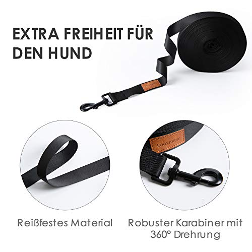 Looxmeer Correa Perro Adiestramiento, 3m / 5m / 7m / 10m / 15m / 20m / 25m / 30m Correa Perro Larga, Cuerda Perro Grande, Correa Resistente para Camping Paseo, Negro 2 🐕 MATERIAL RESISTENTE: la correa para perros está hecha de nylon de alta calidad y es ideal para pasear con su perro sin preocupaciones. También es adecuada para todos los cachorros pequeños, medianos y grandes. El mosquetón está hecho de metal, por lo que es robusto y resistente.
🐕 DISEÑO EXCELENTE: la cuerda con esta longitud le ayuda a controlar fácilmente a sus perros cerca o lejos, lo que reduce la tensión lumbar y el riesgo de lesión muscular. Este diseño ayuda a mitigar los golpes de rápido movimiento cuando se utiliza la correa para perros enérgico y activo.
🐕 MULTICOLOR Y LONGITUD: Proporcionamos multiples colores: negro, amarillo, azul y naranja. Y también tenemos varias longitudes opcionales. Puede elegir el color que le guste y la longitud que necesite.