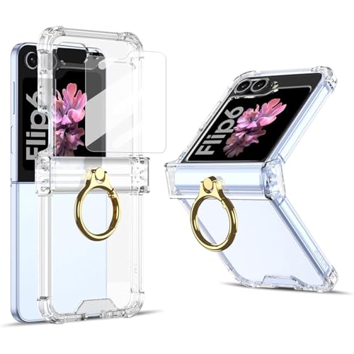 Galaxy Z Flip6 ケース クリア Samsung ギャラクシーzフリップ 6 / SC-54E 用 カバー リング付き ヒンジ保護 Uovon スマホケース 耐衝撃 スタンド機能 ストラップ穴付き 超軽量 超薄型 黄変防止 おしゃれ・クリア