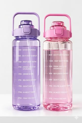 Image of Motivational Water Bottle 2 Litre with Time Marker | Leak Proof BPA Free Gym Bottle | Sports Drinking Bottle with Straw & Handle for Office, Gym, School (purple and pink)